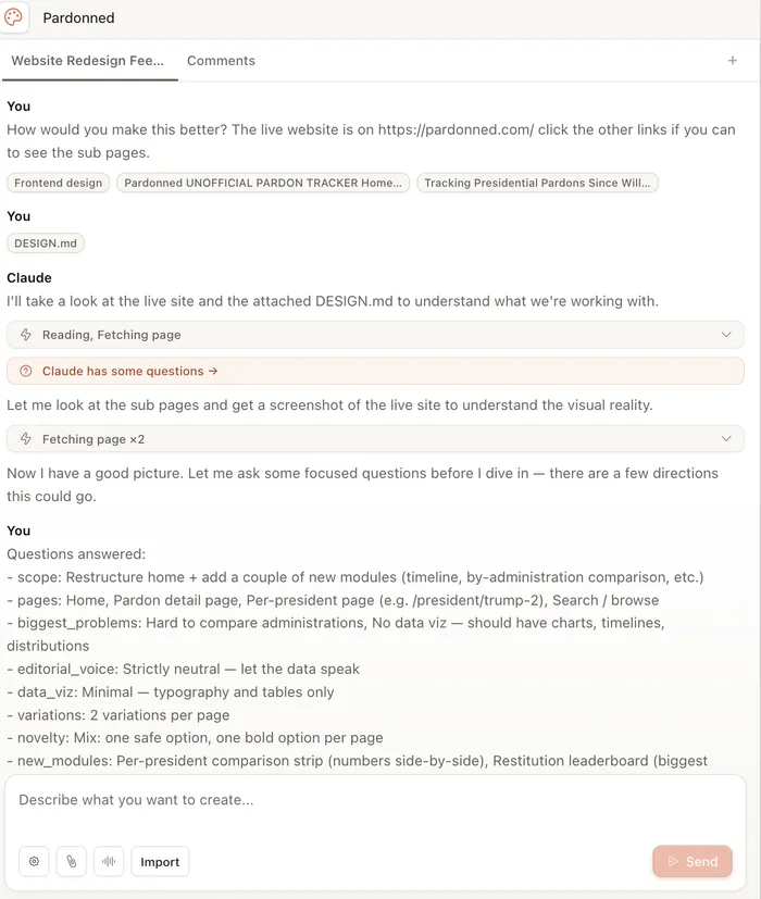 Claude Design prompt showing the initial design request