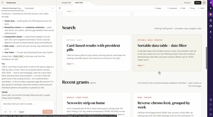 Claude Design project view showing safe and bold variants of every page