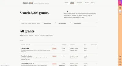 Pardonned search after redesign — sortable data table with date filter