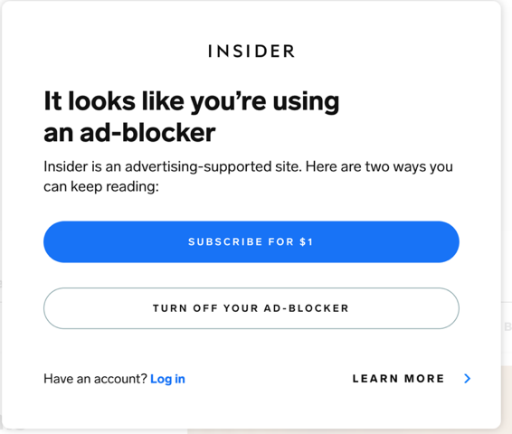 CTA asking me to disable my adblocker or pay